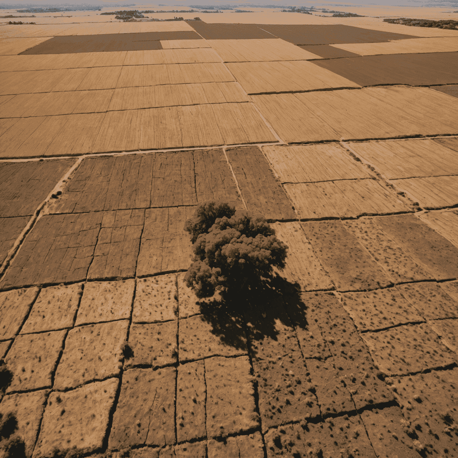 Aerial view of South African farmland showing visible effects of climate change such as dried crops and parched soil