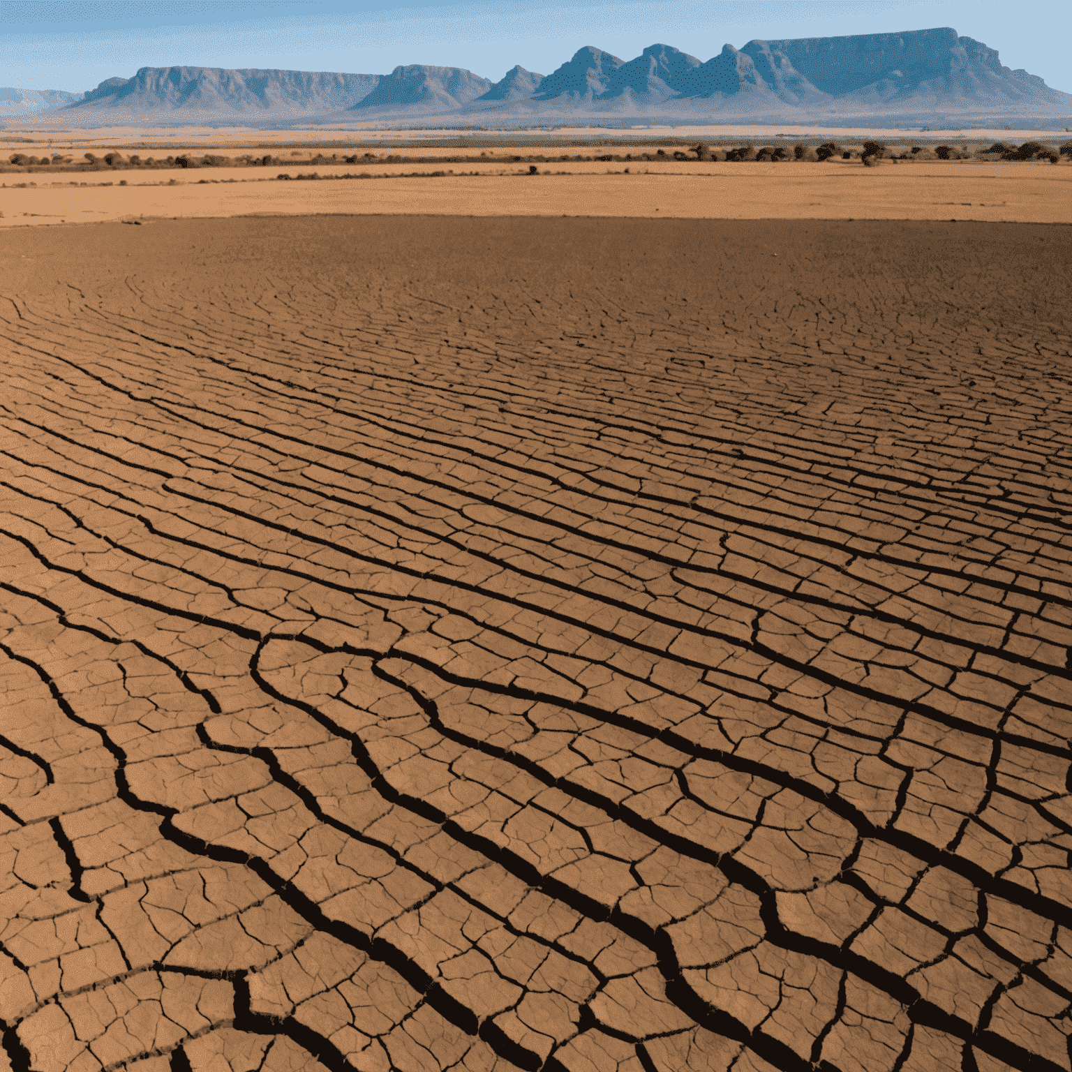 A panoramic view of a South African farm with visible signs of drought, such as cracked earth and withered crops, juxtaposed against modern irrigation systems