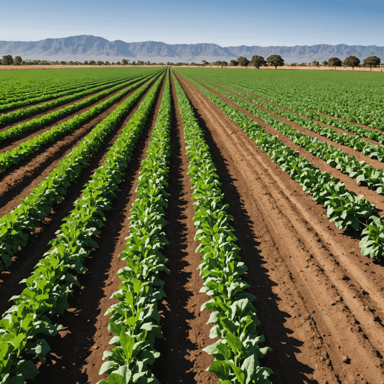 A modern drip irrigation system in a South African farm field, with rows of crops and water-saving equipment visible