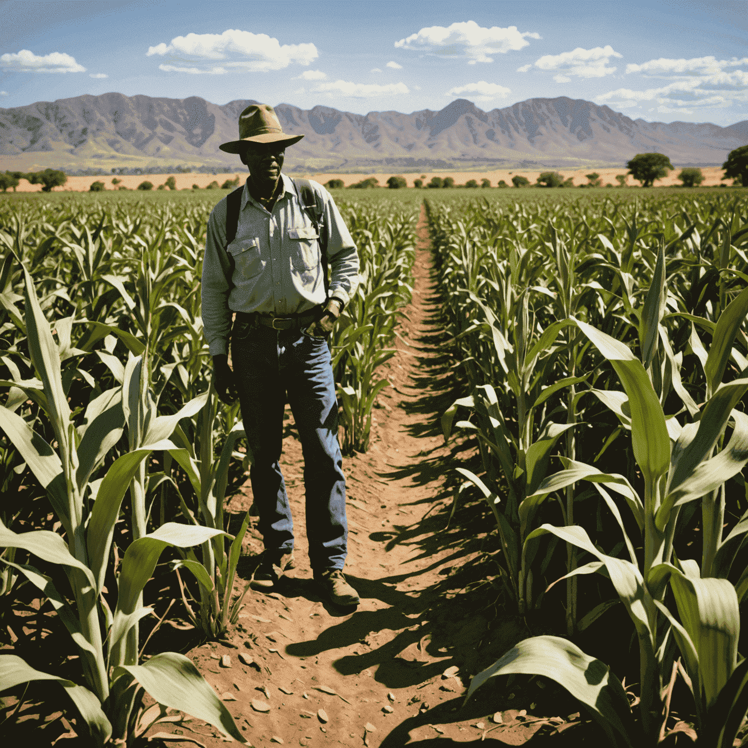 A field of drought-resistant maize crops thriving in a dry South African landscape, with a farmer inspecting the plants