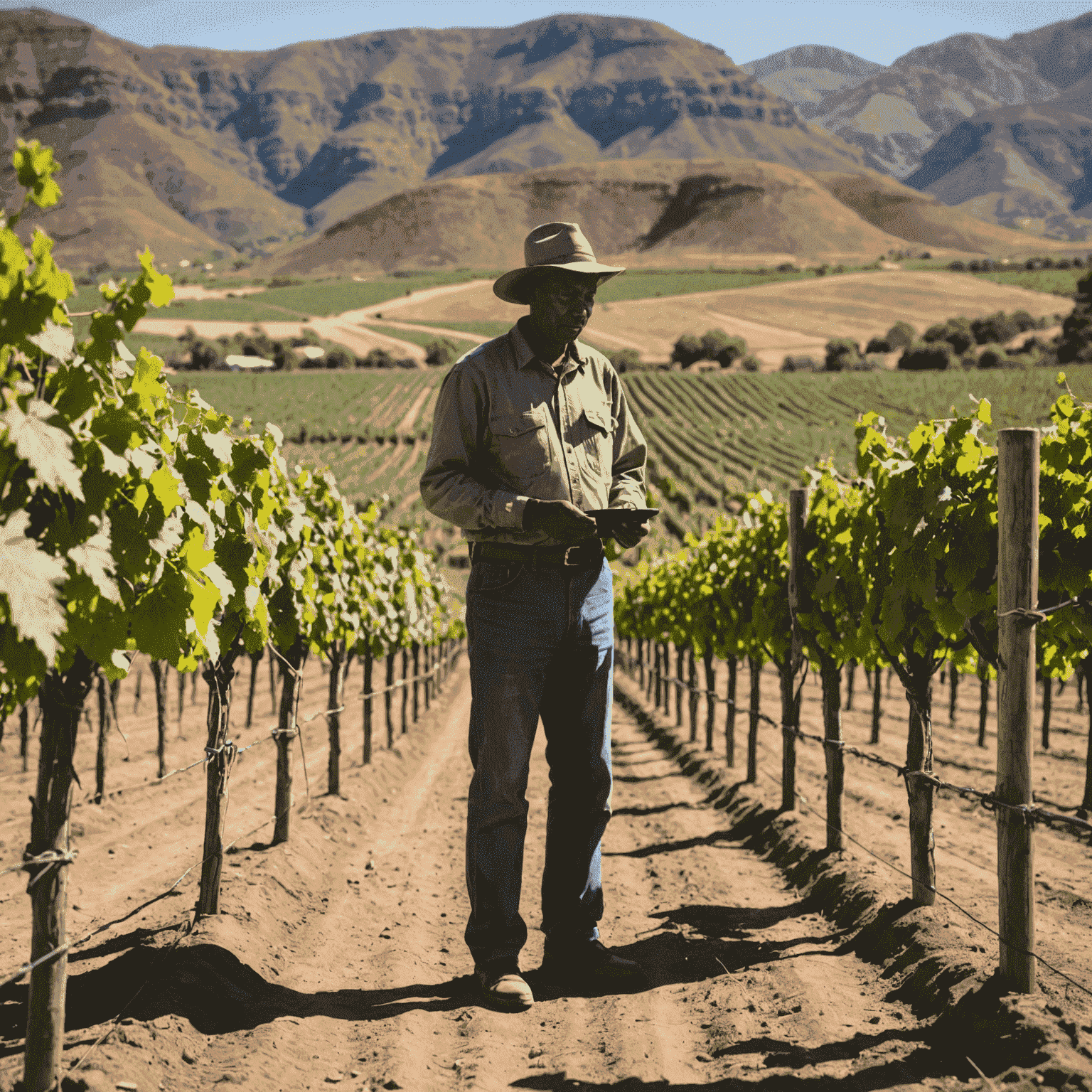 A South African farmer inspecting a water-efficient drip irrigation system in a vineyard, with dry hills in the background