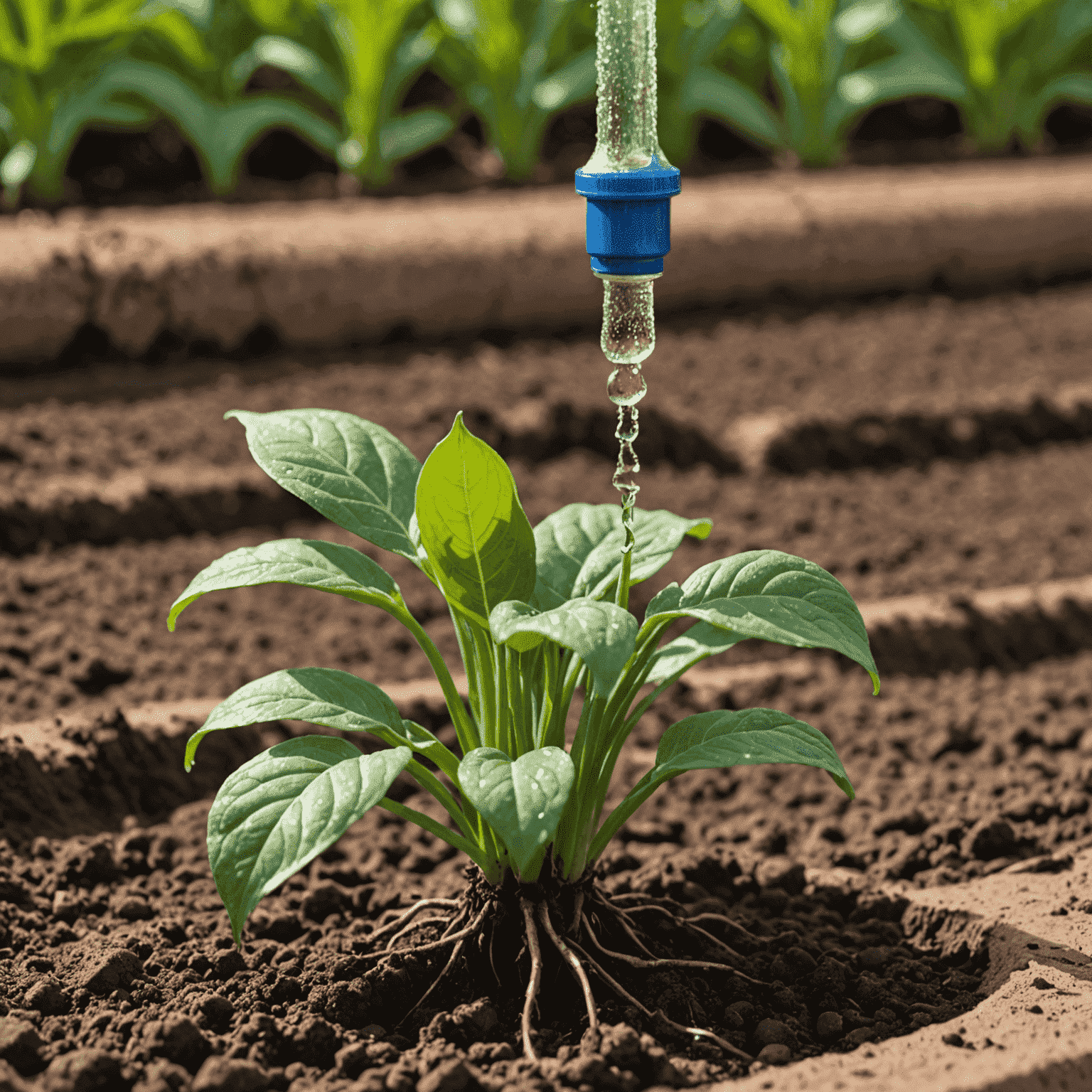 Close-up of a drip irrigation system in action, showing water droplets precisely targeting plant roots in dry soil