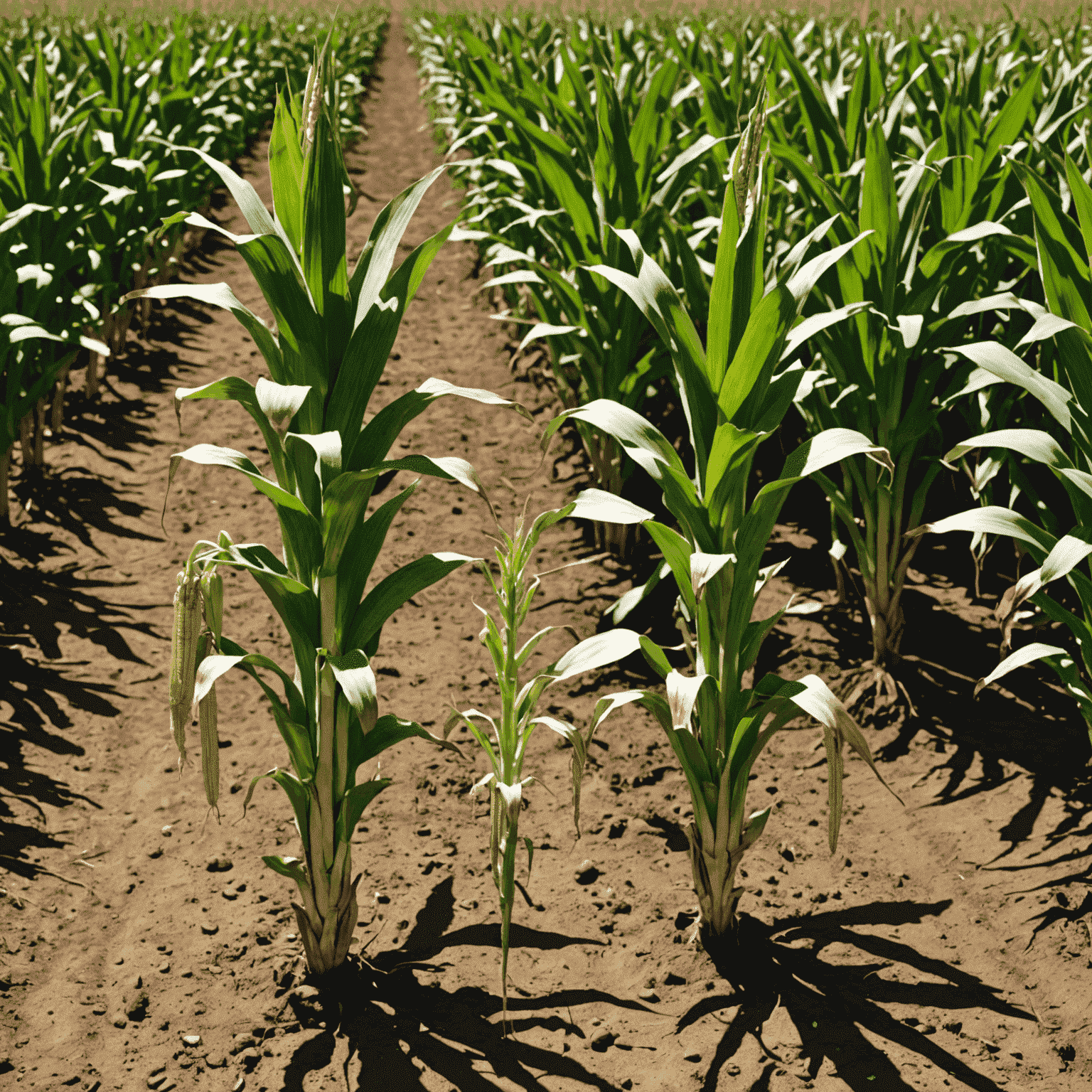 Side-by-side comparison of traditional maize and drought-resistant maize plants, showing the visible difference in resilience