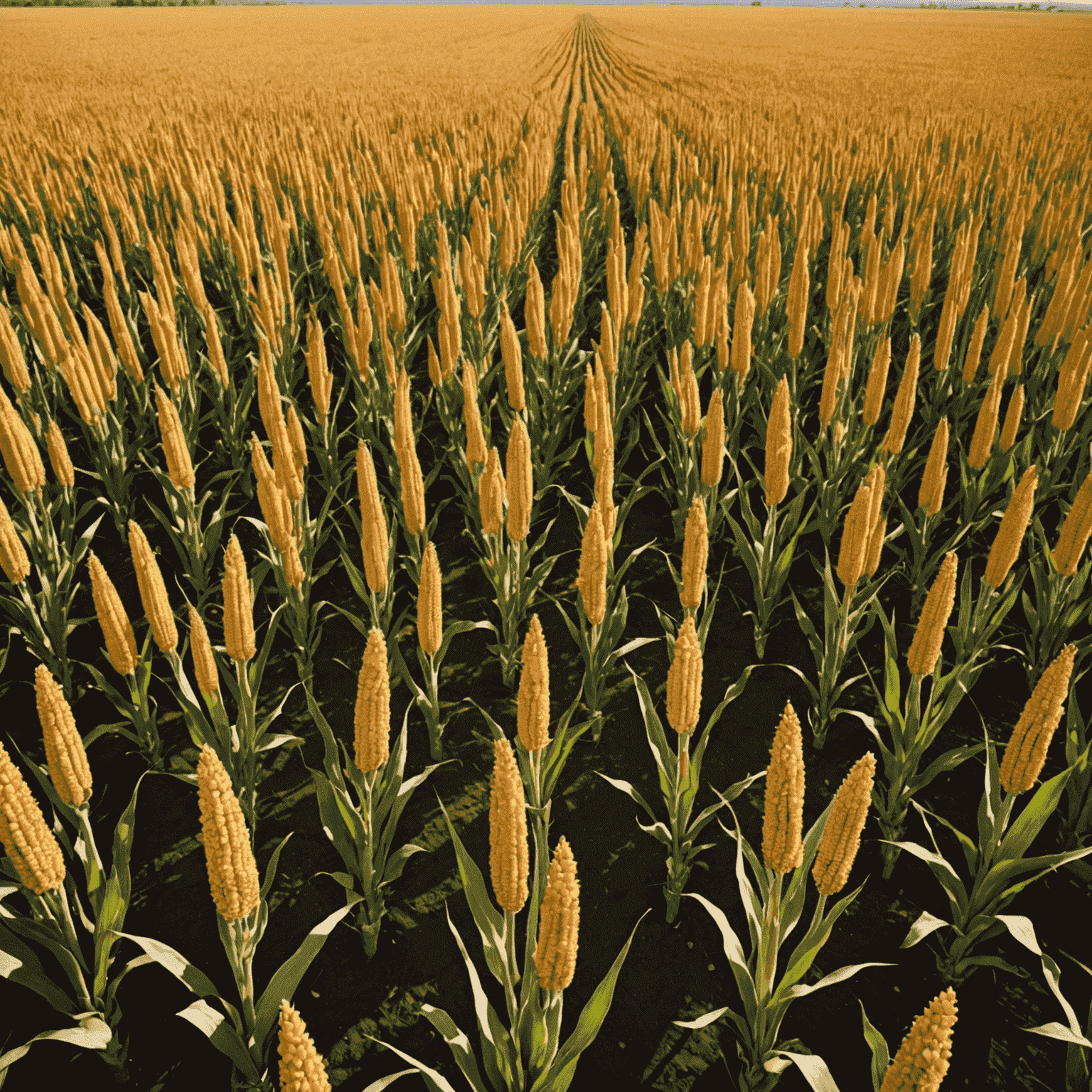 A field of thriving drought-resistant crops in South Africa, such as sorghum or millet, contrasted with traditional crops struggling in dry conditions