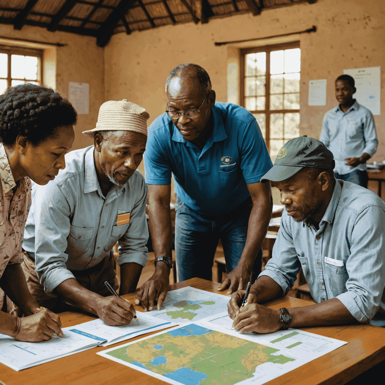 A diverse group of South African farmers and agricultural experts discussing climate adaptation strategies around a table with charts and maps