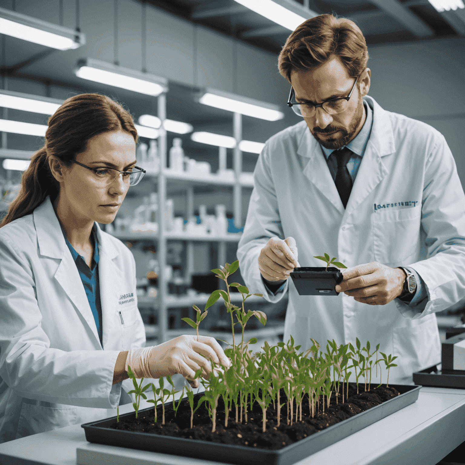 Scientists in a laboratory examining drought-resistant crop seedlings, with advanced agricultural technology visible in the background