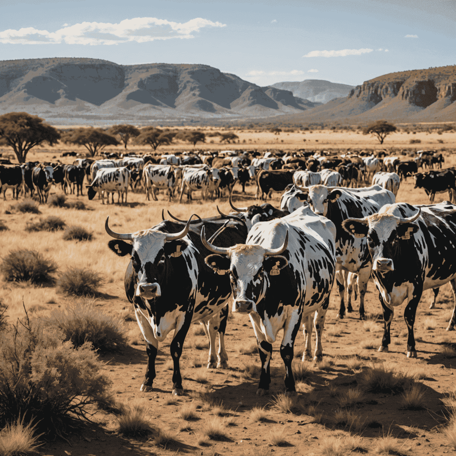 A herd of indigenous Nguni cattle grazing on drought-resistant forage crops in a semi-arid South African landscape