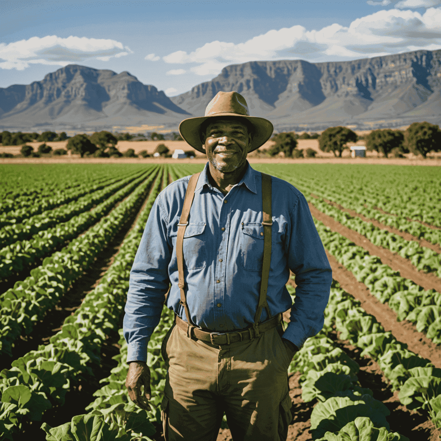 Successful South African farmer standing in a thriving field, demonstrating climate-adaptive farming techniques